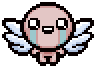 An animated pixel art gif of Isaac from The Binding of Isaac with angel wings. He cries tears of joy.