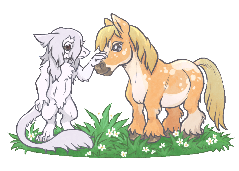 An animated gif of a sergal with long white fur petting a palomino pinto horse.